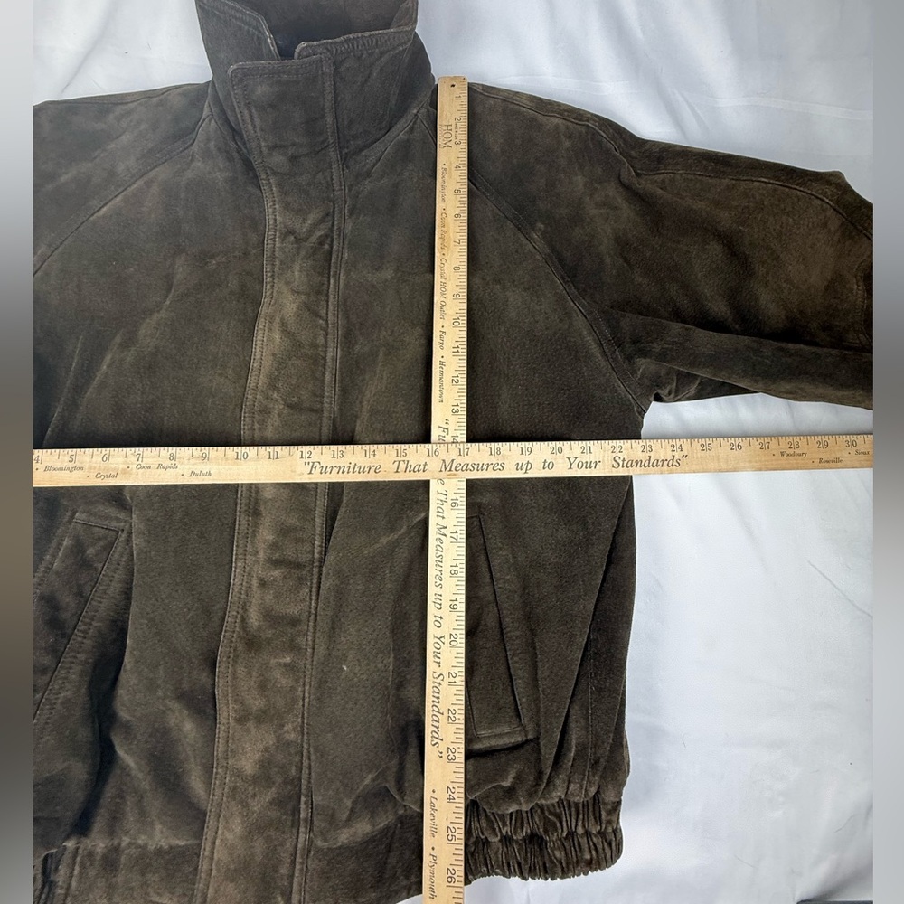 Men's Olive Green/Brown Suede Leather Jacket Quilted Nylon Interior - Picture 6 of 7